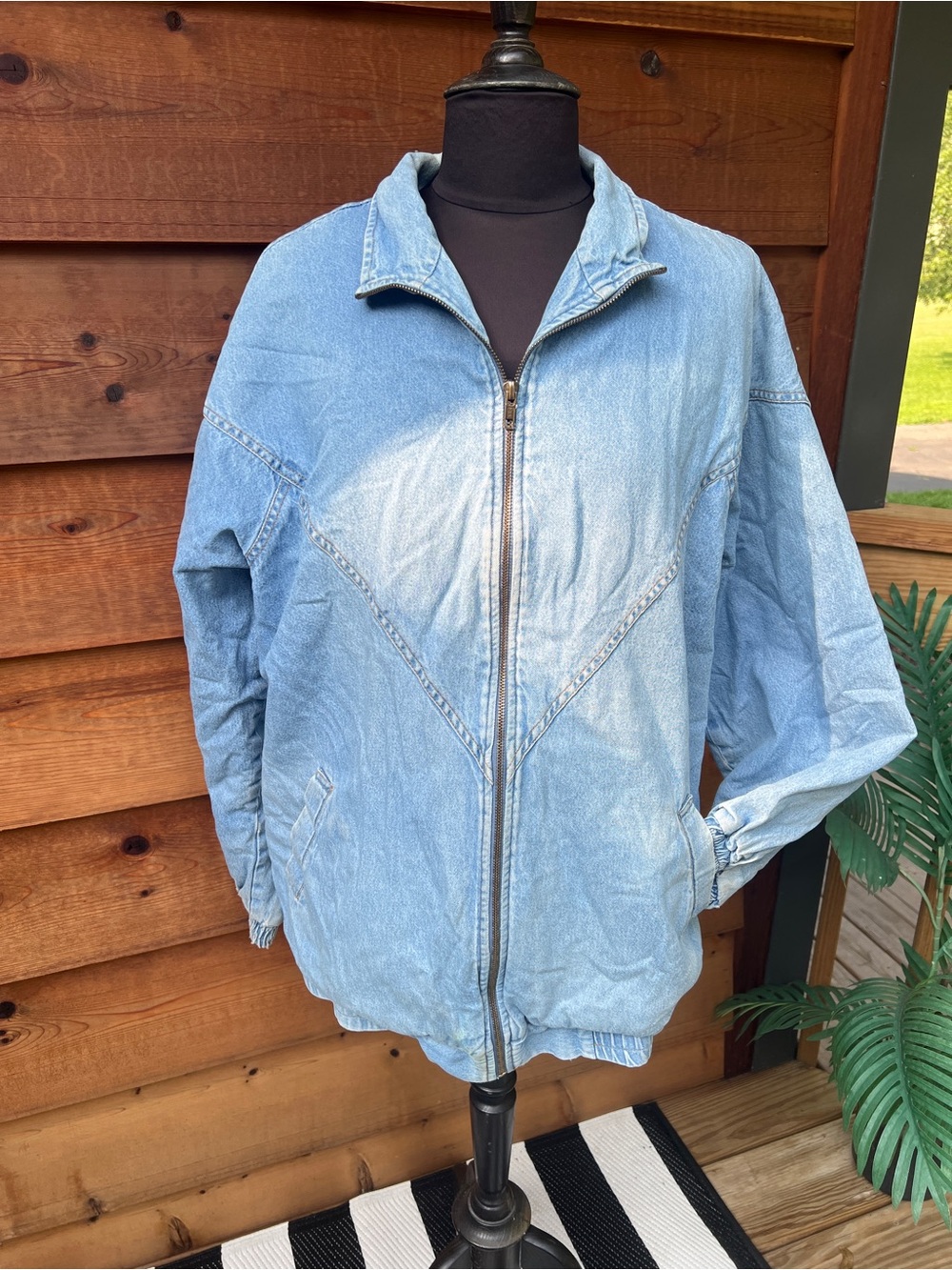 Vintage Light Blue Denim Zip-Front Women's Jacket with floral embroidered back